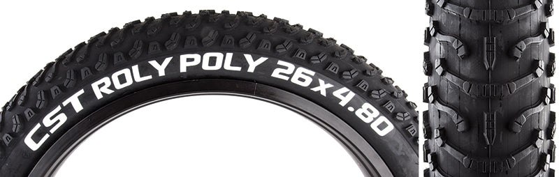 Close-up of the 26x4.8 Roly Poly Bicycle Tire showcasing its continuous center tread and paddle-like shoulder knobs designed for low rolling resistance and exceptional traction in deep sand and snow.