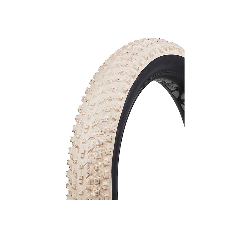 Close-up of a 26x4.8 Beige Snow Avalanche Bicycle Tire showcasing its aggressive directional tread and studded design for enhanced traction on snow and ice.