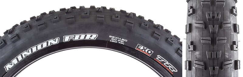 Close-up of the 26x4.8 Minion FBR DC/EXO/TR Bicycle Tire, highlighting its large lateral knobs and dual compound tread designed for low rolling resistance and enhanced grip.