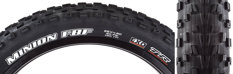 26x4.8 Minion FBF DC/EXO/TR Bicycle Tire close-up showcasing rectangular knobs for cornering grip and straight-line tracking, with visible dual compound tread and EXO sidewall protection.