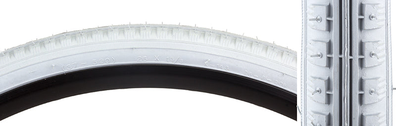 Close-up of a 26x1-3/8 Wheelchair Bicycle Tire, showcasing its gray tread, raised center, and lateral knobs for enhanced grip.