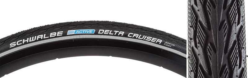 Close-up of the 26x1-3/8 Black/Black Delta Cruiser Active Twin KG Bicycle Tire, showcasing its tread pattern and robust construction with Schwalbe's puncture protection and additional rubber coating for enhanced durability.