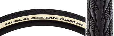 Close-up of a 26x1-3/8 Black/White Delta Cruiser Active Twin KG Bicycle Tire, showcasing its tread pattern and robust construction with K-Guard puncture protection and additional rubber coating on the side.