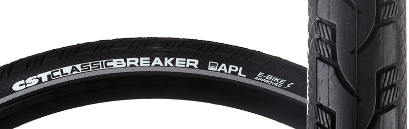 26x1-3/8 Reflective Classic Breaker Bicycle Tire close-up showing grooved side tread, raised center line, reflective sidewall striping, and anti-puncture layer for durability and enhanced low-light visibility.