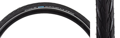 Close-up of the 26x1-3/8 Reflective Delta Cruiser+ Active Twin PG Bicycle Tire, showcasing its center rib profile, reflective trim, and durable design suitable for both E-Bikes and regular bicycles.