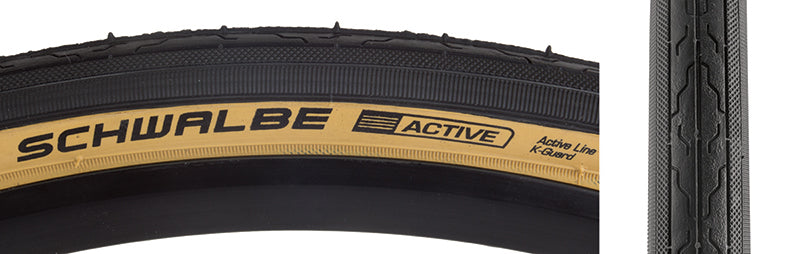 Close-up of the 26x1-1/8x1-1/4 Classic HS-180 Active Twin Bicycle Tire, showcasing its smooth tread, textured shoulders, and continuous center line for easy rolling.