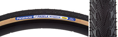 Close-up of the 27x1 Pasela Protite Fold Bicycle Tire, showcasing its tread and synthetic rubber, designed for urban and touring with 400D Lite Extra casing for suppleness and puncture protection.