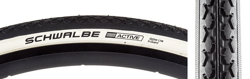 Close-up of the 27x1-1/4 Black/Off-White Classic HS-159 Active Twin Bicycle Tire, showcasing its textured tread and reinforced sidewall for enhanced durability and puncture protection.