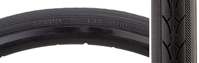 Close-up of the 27x1-1/4 Black/Black Urban Bicycle Tire showing its durable thick rubber casing, smooth center tread, knurled shoulders for water evacuation, and extra thick side walls.