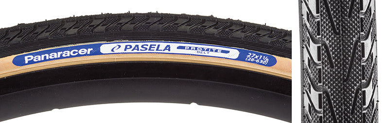 27x1-1/8 Pasela Protite Wire Bicycle Tire close-up, showcasing its tread pattern and robust 400D Lite Extra casing for enhanced puncture protection and a smooth, responsive ride.