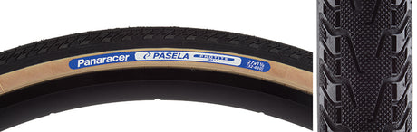 27x1-1/8 Pasela Protite Fold Bicycle Tire featuring a black and gold rim, showcasing its tread in a close-up, highlighting its advanced puncture protection technology for urban and touring use.