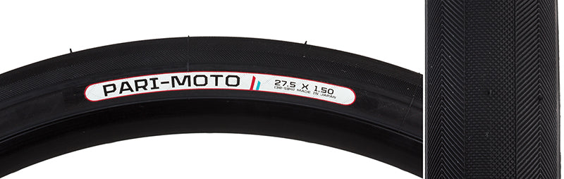 Close-up of the 27.5x1.5 Pari-Moto Bicycle Tire, showcasing its high-performance tread designed for both utility and racing, emphasizing the tire's robust construction and detailed texture.