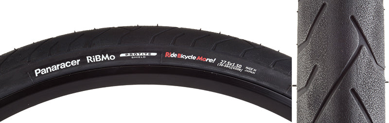 Close-up of the 27.5x1.5 Ribmo Wire Bicycle Tire, showing its all-contact tread pattern and robust design, ideal for urban commuting with enhanced puncture protection technology.