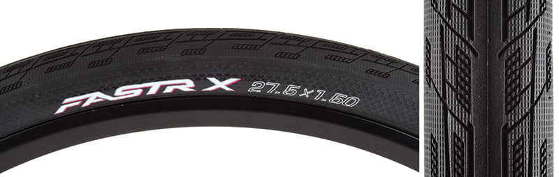 Close-up of the 27.5x1.5 FASTR-X Bicycle Tire, showcasing its Grip-Pods, multi-facet Nano Knobs on the sides, and friction-enhancing central tread designed for speed and control.