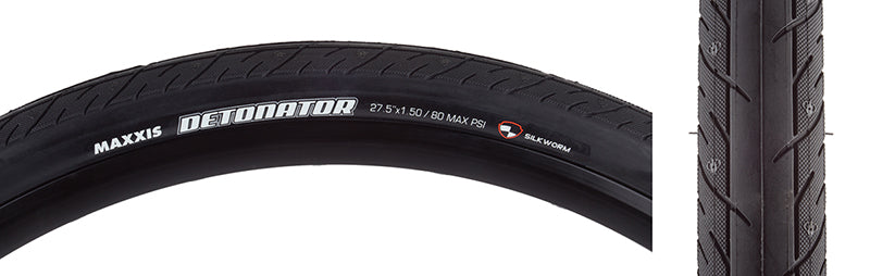 Close-up of the 27.5x1.5 Detonator SC/SW Bicycle Tire, showcasing its durable single compound casing and SilkWorm reinforcement for enhanced puncture and tear resistance.