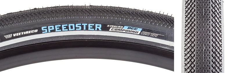 Close-up of the 27.5x1.5 Reflective Speedster Bicycle Tire showcasing its tread pattern, designed for minimal drag and high performance on hard pack or paved terrain.