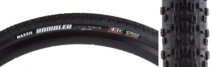 27.5x1.5 Rambler DC/EXO/TR Bicycle Tire close-up showcasing its low profile, tightly packed center knobs and well-spaced corner knobs, illustrating its fast-rolling design ideal for gravel riding and light trail work.