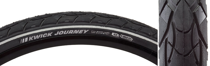 Close-up of the 27.5x1.5 Reflective Kwick Journey Sport KS Bicycle Tire, showcasing its knurled shoulders, deep siping, and reflective sidewall accents designed for improved puncture protection and night-time safety.