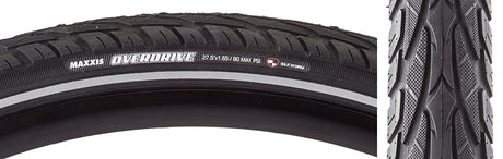 Close-up of the 27.5x1.65 Reflective Overdrive SC/SW/REF Bicycle Tire, highlighting its heavily siped tread and stipled corner lugs designed for all-weather traction.