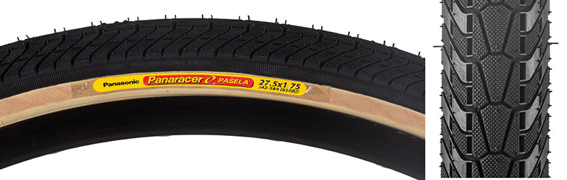 Close-up of the 27.5x1.75 Pasela Bicycle Tire showing the tread pattern designed for hybrid commuting with a raised center for low rolling resistance.