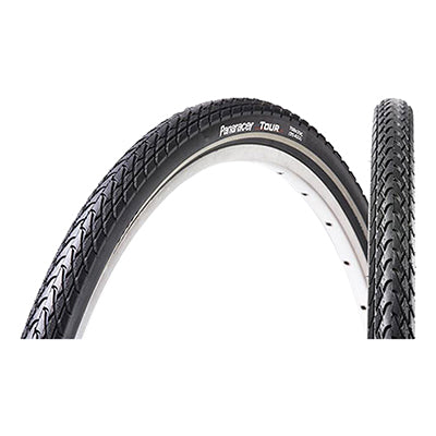 Close-up of the 27.5x1.75 Tour Bicycle Tire showcasing its deep, aggressive tread designed for durability on rough urban roads.