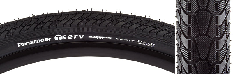 Close-up of the 27.5x1.75 T-Serv Bicycle Tire showcasing its tread pattern and durable aramid belt design, ideal for urban riding and puncture protection.