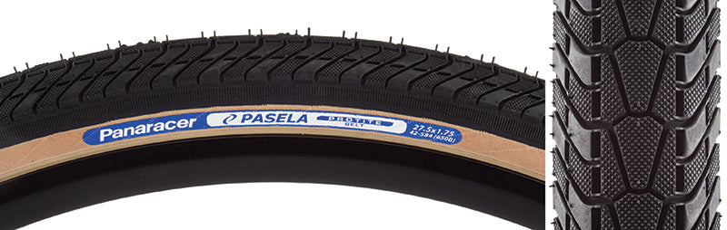 Close-up of a 27.5x1.75 Pasela Protite Wire Bicycle Tire showcasing its tread pattern and robust design, ideal for urban or touring rides with advanced puncture protection technology.