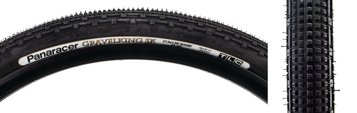 Close-up of the 27.5x1.90 Black/Black Gravel King SK Bicycle Tire, showcasing its five rows of square knobs and double rows of continuous ridges designed for smooth rolling and superior grip.