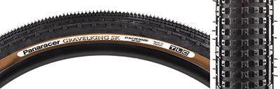 Close-up of a 27.5x1.90 Black/Brown Gravel King SK Bicycle Tire, showcasing five rows of square knobs between continuous ridges, designed for smooth rolling and superior grip on rough or gravel roads.