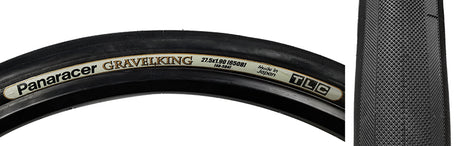 Close-up of the 27.5x1.90 Black/Black Gravel King Slick Bicycle Tire, highlighting its minimal file tread and robust volume, designed for versatile performance on both road and gravel surfaces.