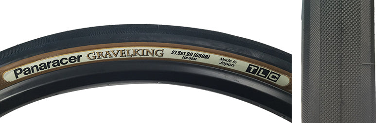 Close-up of a 27.5x1.90 Black/Brown Gravel King Slick Bicycle Tire highlighting its minimal tread and robust volume, designed for both road and gravel terrains, ensuring superior grip in all weather.