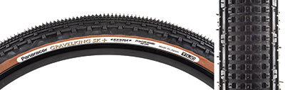 27.5x1.90 Black/Brown Gravel King SK+ Bicycle Tire featuring five rows of square knobs and double rows of continuous ridges for smooth rolling and superior grip on gravel and rough terrain.