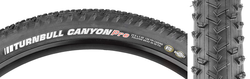 Close-up of the 27.5x2.0 Turnbull Canyon Pro Bicycle Tire, showcasing its low-profile tread, near-continuous center tread, and side knobs for enhanced control, highlighting advanced Kenda tire construction technologies.