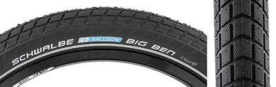 Close-up of the 27.5x2.0 Big Ben Active Twin KG Bicycle Tire, showcasing its balloon style, smooth profile block tread extending onto the sidewalls, and puncture protection features.