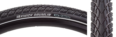 27.5x2.0 Reflective Kwick Drumlin Sport KS Bicycle Tire close-up showing thick tread, deep siping, and textured shoulder lugs, designed for various terrains with reflective sidewall striping for low-light visibility.