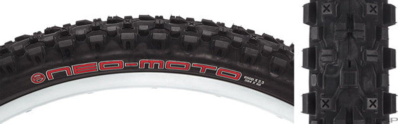 Close-up of a 27.5x2.1 NeoMoto Bicycle Tire showcasing its tread pattern and robust build, highlighting its fast-rolling capability and excellent cornering grip for mountain biking.