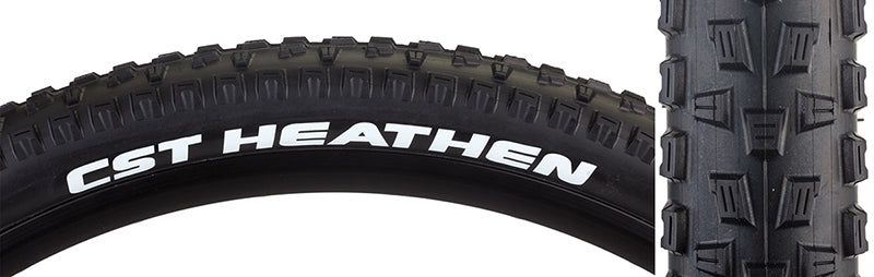 Close-up of the 27.5x2.1 Heathen Bicycle Tire, showcasing its tread pattern designed for cross country riding in medium to loose conditions, highlighting its single compound construction for durability and performance.