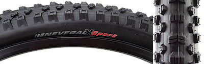 Close-up of a 27.5x2.1 Nevegal X Sport Bicycle Tire showing its siped and staggered center tread with aggressive shoulder knobs for enhanced traction and a smoother rolling experience.