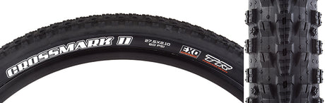 Close-up of a 27.5x2.1 CrossMark II EXO/TR Bicycle Tire, showcasing its tread pattern and sidewall protection, designed for versatile cornering and enhanced performance on various trail conditions.