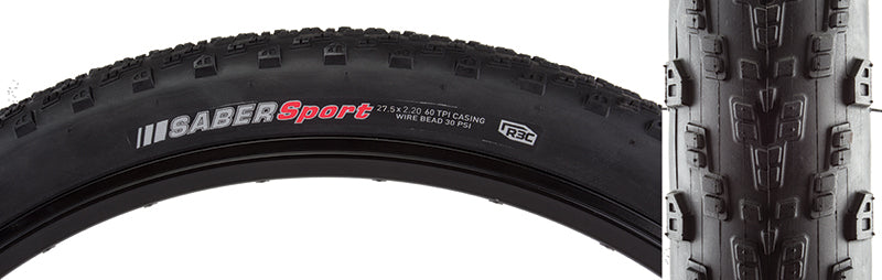 27.5x2.2 Saber Sport Bicycle Tire featuring a close-up of its low-profile tread design for speed and traction, perfect for racing on dusty hard pack conditions.