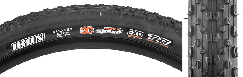 Close-up of a 27.5x2.2 Black/Black Ikon EXO/TR Bicycle Tire, showcasing its tread design and sidewall protection for enhanced performance and durability.