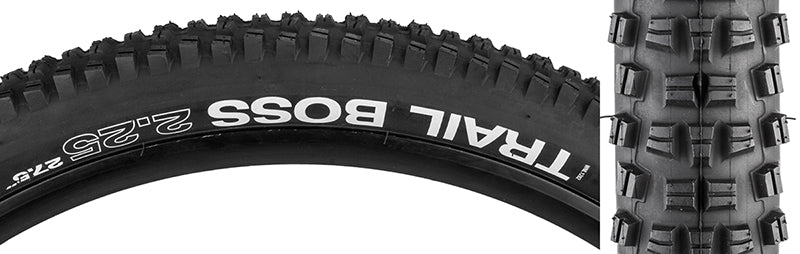 Close-up of the 27.5x2.25 Trail Boss Comp Bicycle Tire showcasing its tight tread spacing, blocky and tall design, and robust casing with grippy DNA rubber for high-speed performance and reliable braking.