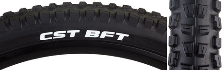 Close-up of the 27.5x2.25 BFT Bicycle Tire, showcasing its aggressive tread pattern designed for all-mountain riding in loose and wet conditions, with white text visible on the black tire's sidewall.