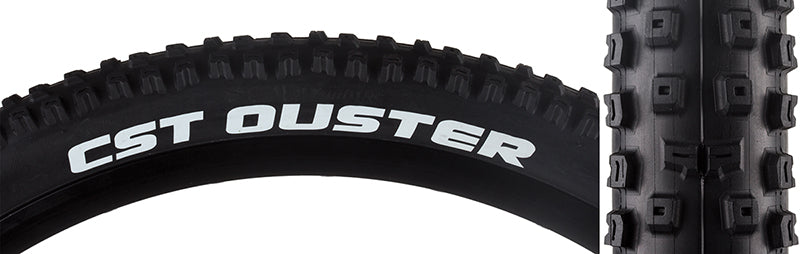 Close-up of a 27.5x2.25 Ouster Bicycle Tire showcasing its tall, open center tread designed for optimal mud clearance and grip on roots and rocks during climbs.