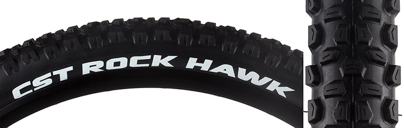 Close-up of a 27.5x2.25 Rock Hawk Bicycle Tire showcasing its aggressive tread pattern with large, well-spaced lugs designed for optimal performance on mountain bike trails with varying conditions.