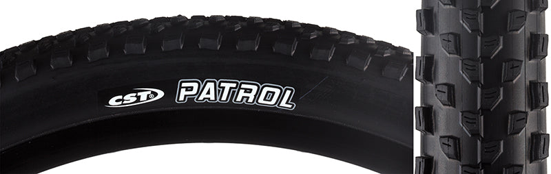 Close-up of the 27.5x2.25 Patrol Bicycle Tire showcasing its staggered medium-height center knobs and aggressive corner knobs for excellent grip and reduced rolling resistance.