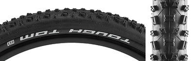 Close-up of a 27.5x2.25 Tough Tom Active Lite K-Guard Bicycle Tire, showing medium-sized lugs with molded siping channels designed for offroad use and entry-level puncture protection.