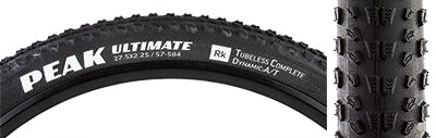 Close-up of the 27.5x2.25 Peak Ultimate Bicycle Tire showcasing its round profile, closely-spaced tread, and supple casing designed for low rolling resistance and high traction.