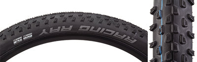 Close-up of 27.5x2.25 Racing Ray Evolution SnakeSkin Bicycle Tire showing its directional tread, horizontal corner lugs, and white text branding, designed for XC trails and suitable for E-Bikes.