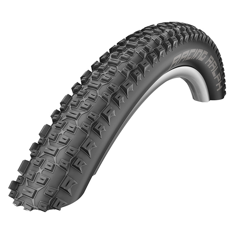 Close-up of the 27.5x2.25 Racing Ralph Performance Twin Bicycle Tire, showcasing its low tread depth center, aggressive shoulder lugs, and twin skin rubber coating for improved handling and durability.